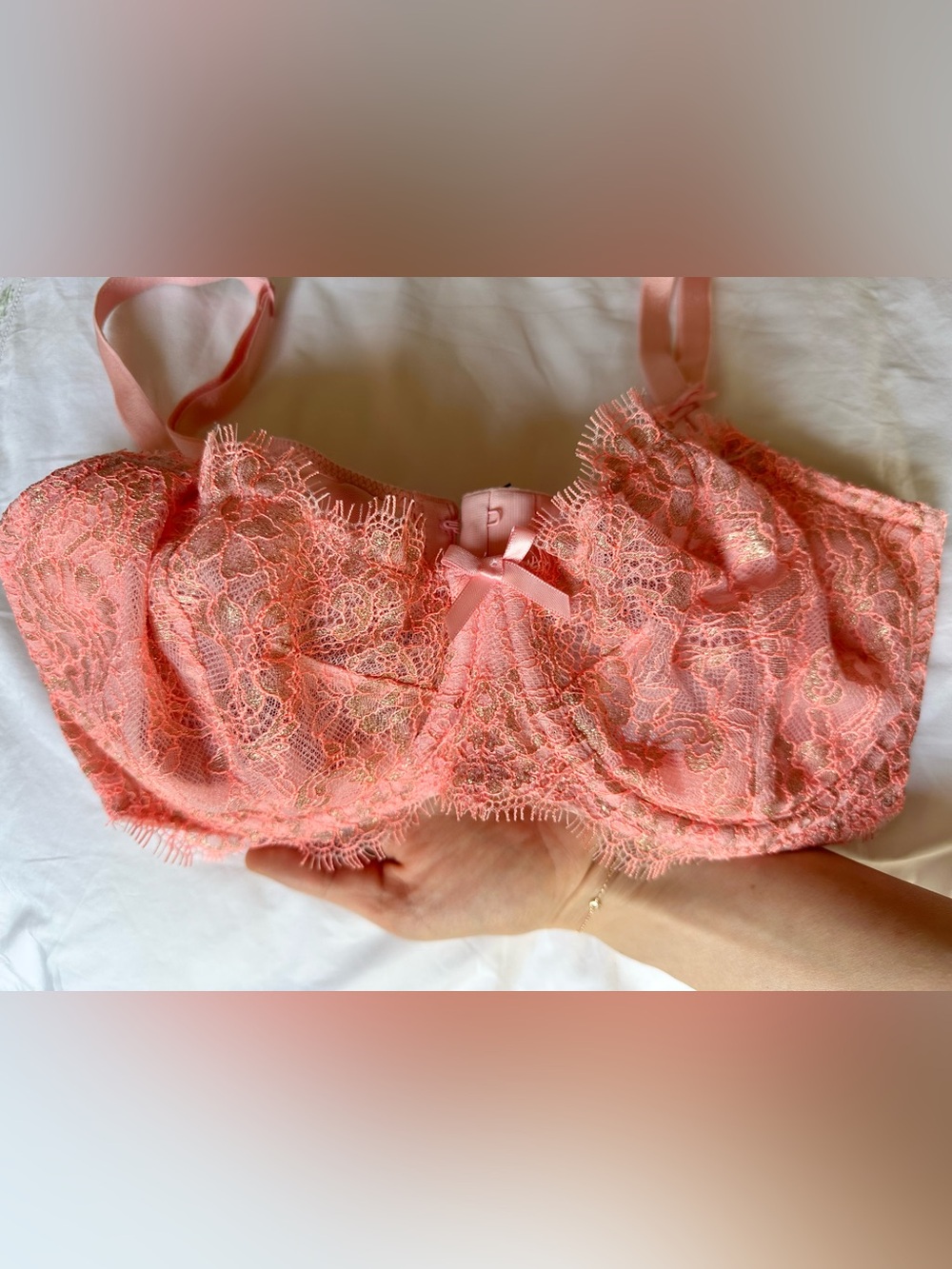 Victoria’s Secret coral pink unlined lace balconette bra 34DD